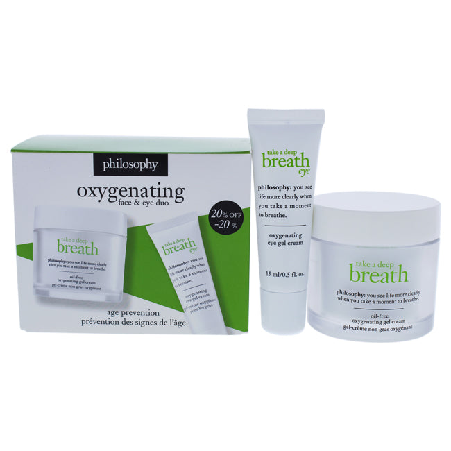 Take A Deep Breath Duo by Philosophy for Unisex - 2 Pc Set 2oz Oil-Free Oxygenating Gel Cream, 0.5oz Oxygenating Eye Gel Cream