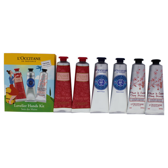 Lovelier Hands Kit by LOccitane for Unisex - 6 Pc 2 x 1oz Rose Hand and Nail Cream, 2 x 1oz Shea Dry Skin Hand Cream, 2 x 1oz Cherry Blossom Hand Cream
