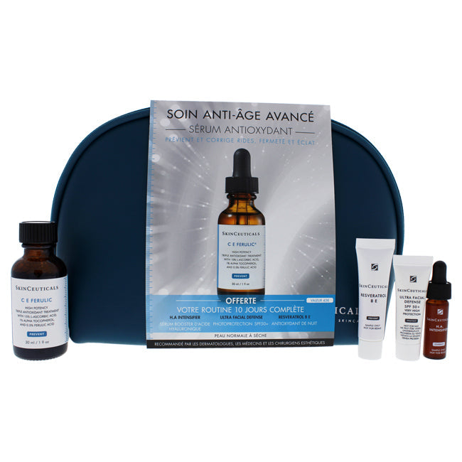 Serum Antioxydant Kit by SkinCeuticals for Unisex - 5 Pc 1oz C E Ferulic, 0.1oz H.A Intensifier, 0.1oz Ultra Facial Defense SPF 50, 0.1oz Resveratrol B E, Trousse