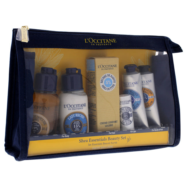 Shea Essentiels Beauty Set by LOccitane for Unisex - 6 Pc Set 2.5oz Shea Body Shower Oil, 2.5oz Shea Body Rich Lotion, 1oz Light Conforting Cream, 0.07oz Shea Butter Lip Balm, 1oz Shea Dry Skin Hand Cream, 1oz Shea Dry Skin Foot Cream