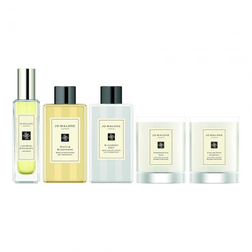 JO MALONE 5 PCS SET: LIME BASIL & MANDARIN 1 OZ COLOGNE + PEONY BLUSH & SUEDE 3.4 BODY WASH + BLACKBERRY & BAY 3.4 BODY LOTION + ENGLISH PEAR & FREESIA 2.1 CANDLE + POMEGRANATE NOIR 2.1 CANDLE