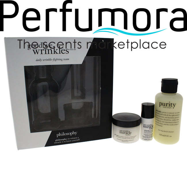 Goodbye Wrinkles Trial Set by Philosophy for Unisex - 3 Pc Set 4oz Purity Made Simple, 1oz Anti-Wrinkle Miracle Worker, 0.25oz Anti-Wrinkle Miracle Worker Eye