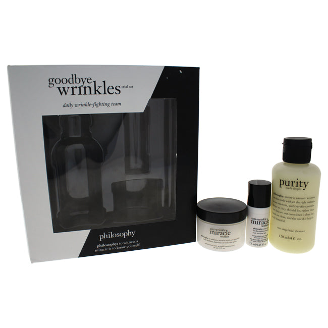 Goodbye Wrinkles Trial Set by Philosophy for Unisex - 3 Pc Set 4oz Purity Made Simple, 1oz Anti-Wrinkle Miracle Worker, 0.25oz Anti-Wrinkle Miracle Worker Eye