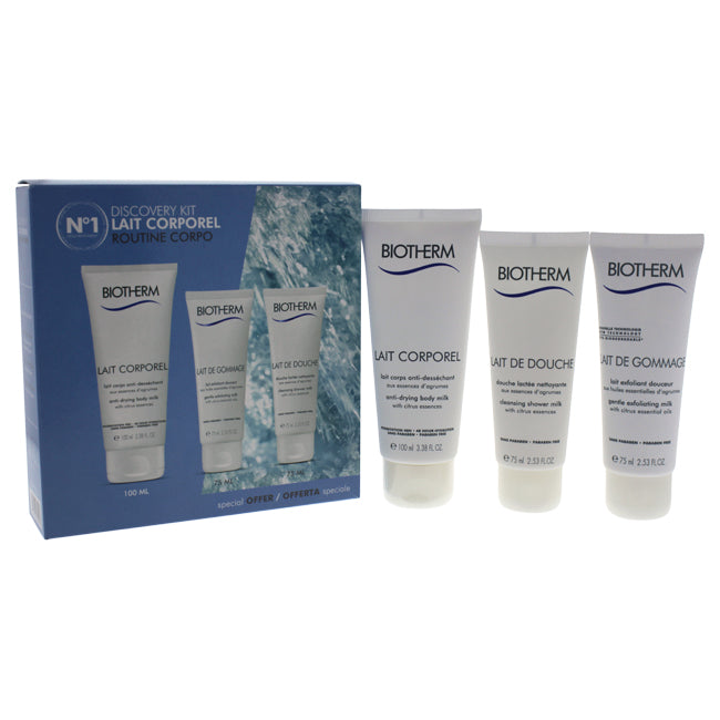 Lait Corporel Discovery Kit by Biotherm for Women - 3 Pc Set 3.4oz Lait Corporel, 2.5oz Lait De Gommage, 2.5oz Lait De Douche