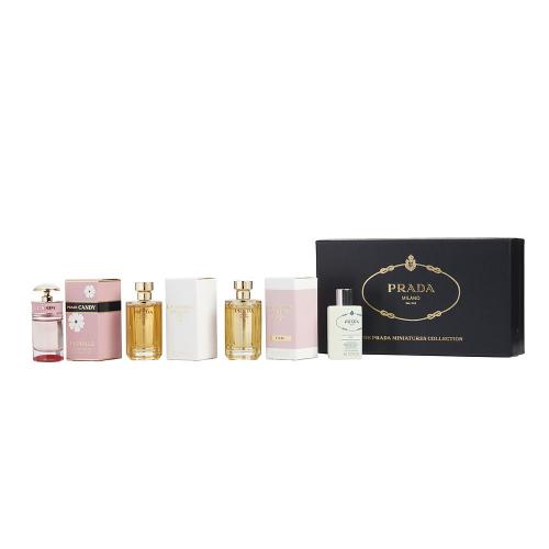 PRADA 4 PCS MINI SET FOR WOMEN: CANDY FLORALE 0.24 OZ EAU DE TOILETTE + LA FEMME 0.3 OZ EAU DE PARFUM + LA FEMME L'EAU 0.3 OZ EAU DE TOILETTE + LES INFUSIONS DE IRIS 0.27 OZ EAU DE PARFUM